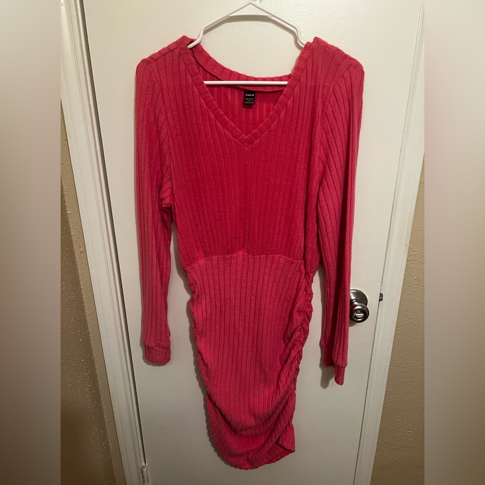 SHEIN Vibrant Pink Ribbed Long Sleeve Dress